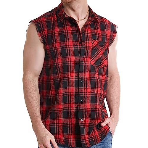 Sleeveless Casual Shirt for Men,Cowboy Plaid Button Down Shirts Red # Large