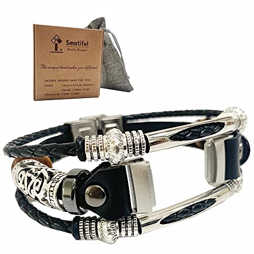 Smatiful Fancy Bands (Small Mediume Large XL are All Ok) with Stainless Steel Clasp and Gunmetal Parts for Women, Leather Watch Band for Fitbit Luxe Fitness & Wellness Tracker, Classic Black