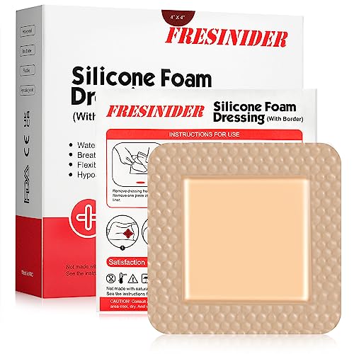 FRESINIDER Silicone Foam Dressing with Adhesive Border – Wound Dressing Bandage – Silicone Foam Pad – Pack of 10 – 4 x 4 Inches Large Waterproof Bandages – Self Adhesive Wound Care and Dressings