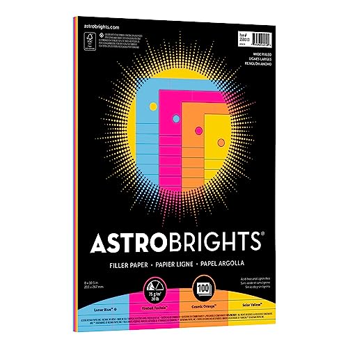 Astrobrights Filler Paper, 8' x 10 1/2', Wide Ruled, 20 Lb, FSC Certified, Assorted Colors, Pack Of 100 Sheets