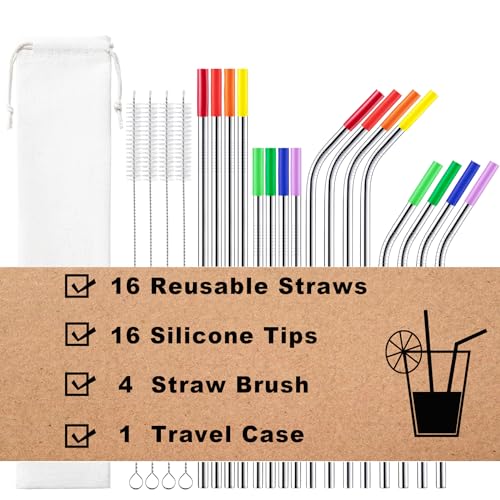 Reusable Stainless Steel Straws -16 Pack 10.5' & 8.5' Reusable Straws with 4 Straw Cleaner Brush and 16 Silicone Tips with 1 Travel Case, Eco Friendly Extra Long Metal Straws for 20 24 30 oz Tumbler