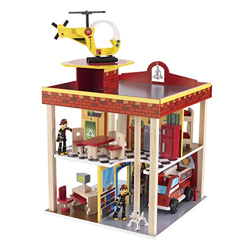 KidKraft Wooden Fire Station Set for 360 Degree Play - Wooden Construction, Working Garage Doors, Bendable Figures, Young Children Toy, Comes with Instructions, Scree Free Toy, Gift for Ages 3+