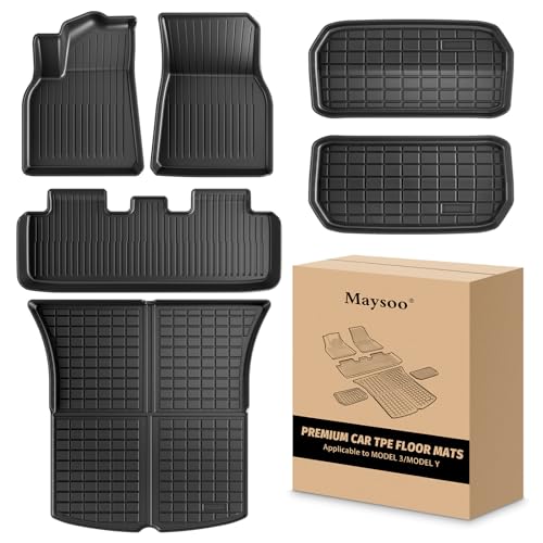 Maysoo Floor Mats for Tesla Model Y 2024-2020 All Weather TPE Cargo Liner Floor Mats and Cargo Trunk Mats Accessories (Set of 6 - Not Fit 7-Seat)