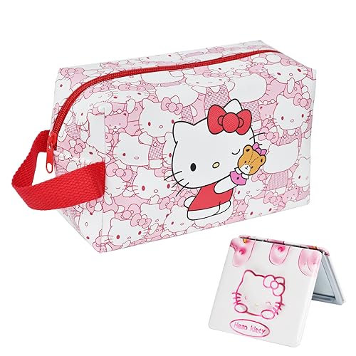 ENENSET kitty Travel Cosmetic Bag, Large Capacity Cartoon Cosmetic Pouch Makeup Bag with Zipper, PU Travel Toiletry Bag Makeup Accessories Organizer, Foldable Storage Bag Makeup Pouch for Girls