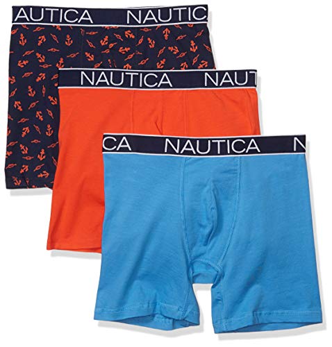 Nautica Men's 3-Pack Classic Underwear Cotton Stretch Boxer Brief, Orange Poppy/Aero Blue/Anchor-Peacoat, Large