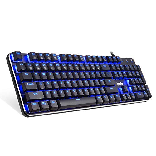 EagleTec KG050-BR LED Blue Backlit Mechanical Gaming Keyboard Low Profile Mechanical Gamers Keyboard 104 Key Metal Mechanical Computer USB Gaming Keyboard for PC (Black)