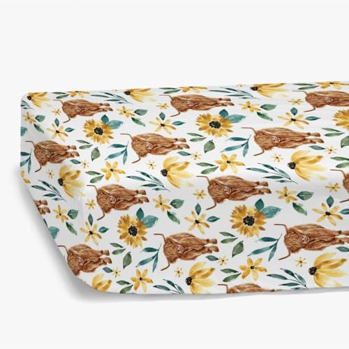 HawSkgFub Highland Cow Sunflower Fitted Standard Crib Sheet for Baby Girl, Fall Western Farm Animal Yak Flower Toddler Mattress Cover, Soft Stretchy Nursery Bed Sheets Floral Decor Kids Gift 52' x 28'