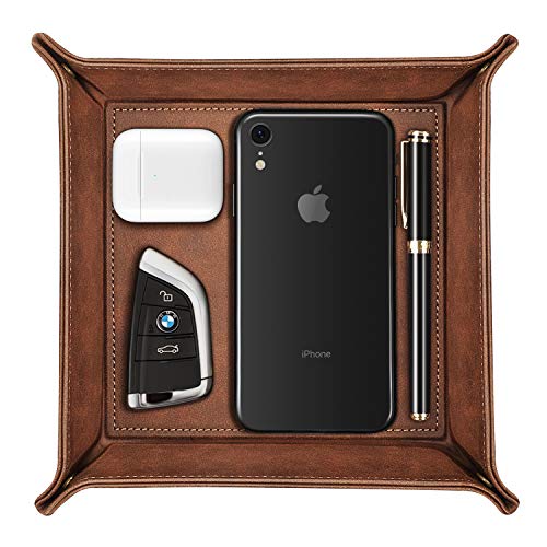 SITHON Valet Tray Desktop Storage Organizer – Premium PU Leather Catchall Tray Bedside Vanity Tray Nightstand Caddy Holder for Remote Controller, Keys, Phone, Wallet, Coin, Jewelry, Brown