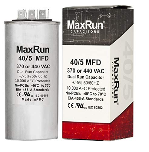 MAXRUN 40+5 MFD uf 370 or 440 Volt VAC Round Motor Dual Run Capacitor for AC Air Conditioner Condenser - 40/5 uf MFD 440V Straight Cool or Heat Pump - Will Run AC Motor and Fan - 1 Year Warranty