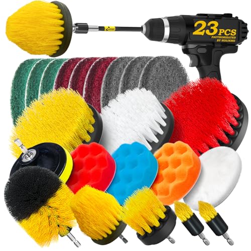 Holikme 23Pack Drill Brush Attachments Set, Scrub Pads & Sponge, Buffing Pads, Power Scrubber Brush with Extend Long Attachment, Car Polishing Pad Kit,Cleaning Supplies，Shower Scrub,Scratch Brushes