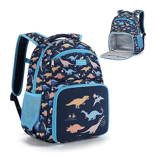 mommore 2-in-1 Kids Backpack, Insulated Lunch Compartment Dinosaur Toddler Backpack Kindergarten Preschool Bookbag for Boys, Lightweight Daycare Backpack with Chest Strap, Blue