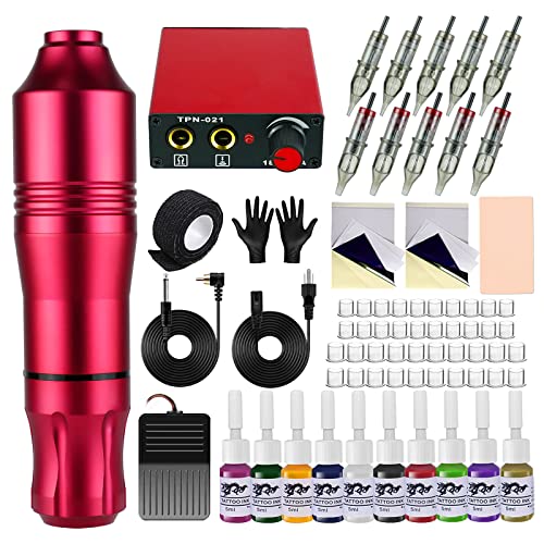 Blackbudda Tattoo Kit, Rotary Tattoo Gun Kit with Power Supply, Foot Pedal & Pigment, 10pcs Cartridge Needles Semi Makeup Practice Kit for Tattoo Artists (Red)