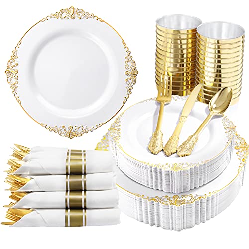 Nervure 350PCS Gold Plastic Plates - Disposable Dinnerware Plates and Pre Rolled Napkins with Plastic Cutlery for 50 Guests, 100Plates, 150Silverware, 50Cups, 50Napkins for Wedding&Party(Heavyweight)
