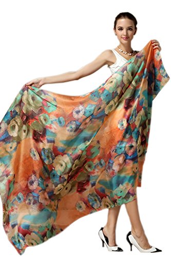 YupURStyle Women Fashion Silk Scarf Oblong Floral Oversize Soft Shawl Beach Wrap (Orange)