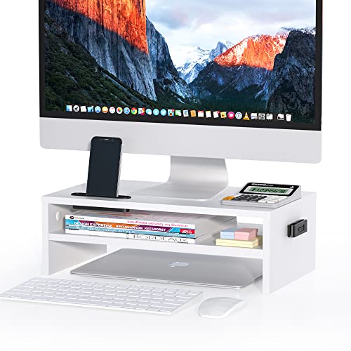 BONTEC 2-Tier White Wood Monitor Stand with Storage, Desktop Ergonomic Riser with Cellphone Holder and Cable Management, 16.5 Inch Shelf