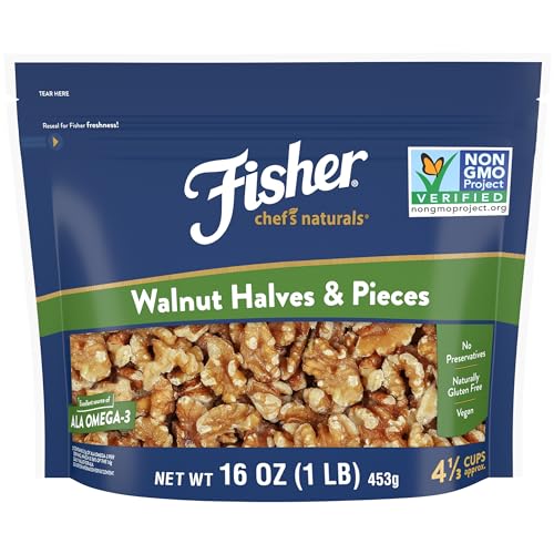 Fisher Chef's Naturals Walnut Halves & Pieces 1 lb, 100% California Unsalted Walnuts for Baking & Cooking, Snack Topping, Great with Yogurt & Cereal, Vegan Protein, Keto Snack, Gluten Free