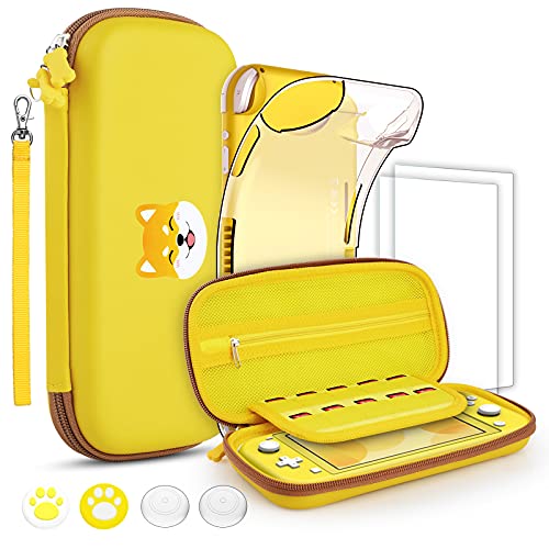 GeeRic 8PCS Case Compatible with Switch Lite, Carrying Case Accessories Kit, 1 Soft Silicon Case + 2 Screen Protector + 4 Thumb Caps + 1 Storage Carrying Yellow Dog Paws