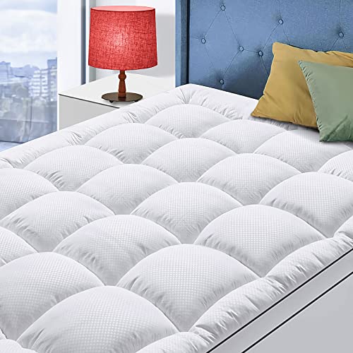 King Size Mattress Topper for Back Pain, Cooling Extra Thick Mattress Pad Cover with 8-21 inch Deep Pocket, Plush Pillow Top Mattress Topper Overfilled with Down Alternative, King Size, White