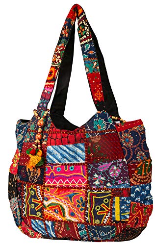 Tribe Azure Fair Trade Hippie Handmade Shoulder Beach Bag Tote Boho Chic Patchwork Embroidered Purse Red Casual Everyday Roomy Laptop School Market