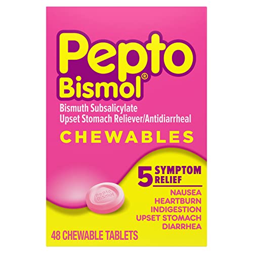 Pepto Bismol Chewable Tablets for Nausea, Heartburn, Indigestion, Upset Stomach, and Diarrhea - 5 Symptom Fast Relief, Original Flavor, 48 ct