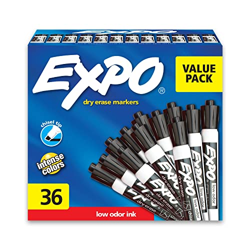 EXPO Dry Erase Markers, Chisel Tip, Black, Low-Odor, Pack of 36, Perfect for Whiteboards, Non-Porous Surfaces & Home Offices