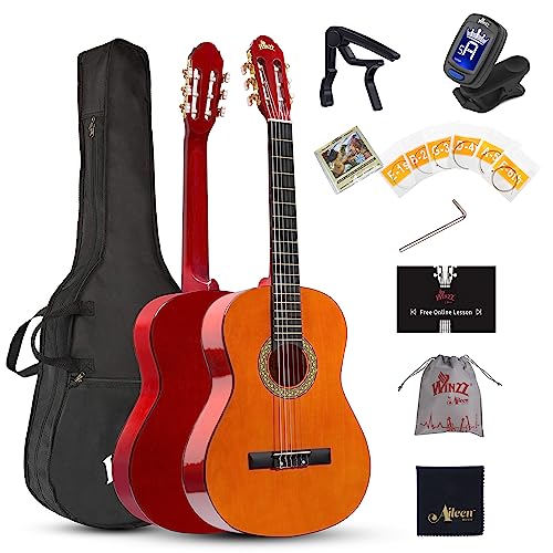 WINZZ 39 Inches Classical Guitar Full Size Beginner Acoustic with Online Lessons Bag Capo Tuner Strings, Sunset