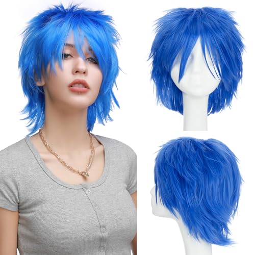S-noilite Women Mens Male Short Fluffy Straight Hair Wigs Anime Cosplay Party Costume Dress Synthetic Spiky Wig (Dark Blue)