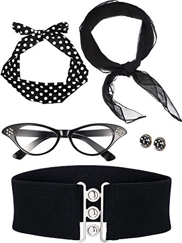 50's Costume Scarf Polka Dot Headband Earring Cat Eye Glasses Waistband (Black)