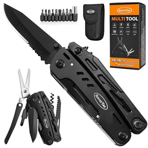 RoverTac Multitool Pocket Knife Tactical Camping Survival Knife Gifts for Men Dad Husband 18 in 1 Multi Tool Knife Pliers Scissors Saw Corkscrew 9-Pack Screwdrivers with Safety Lock and Nylon Sheath