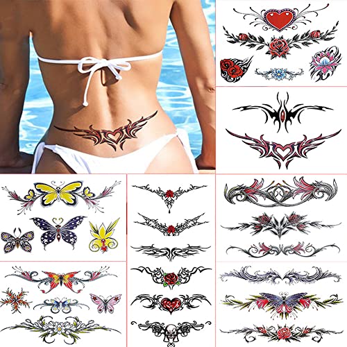 Aivoch 8 Sheets Belly Tattoos Stickers Temporary Fun Waist Cover Scar Female Tattoo Waterproof for Female Women and Girls