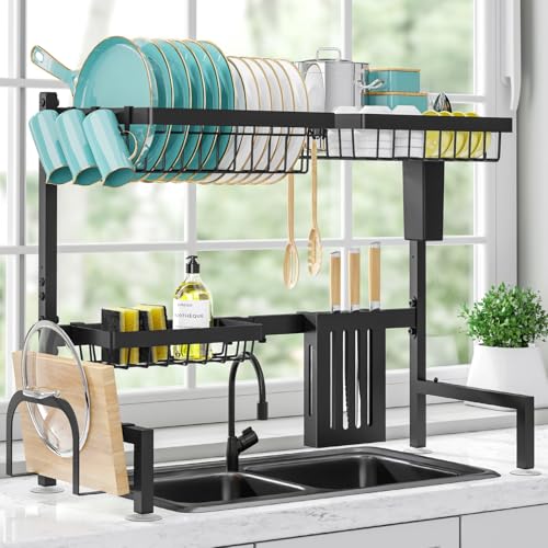 Sakugi Dish Drying Rack - Large Over The Sink Dish Drainer Drying Rack (30.0' to 33.9' W), Large Capacity Stainless Steel Dish Rack, Multifunctional Kitchen Organizers and Storage Rack, Black