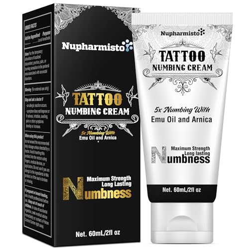 Nupharmisto 6 Hours Maximum Strength Numbing Cream Tattoo (2oz/ 60ml), Painless Tattoo Numbing Cream, Numbing Cream for Tattoos Extra Strength with 5x Numbing, Emu Oil and Arnica. 2oz/ 60ml