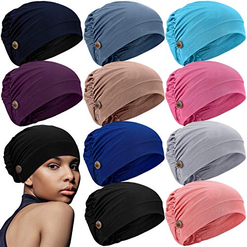 Geyoga 10 Pieces Soft Bouffant Caps with Buttons, Gourd-Shape Caps Stretch Bouffant Hats Unisex Stretchy Headband Turban with Ear Loop Holder Buttons Multicolor