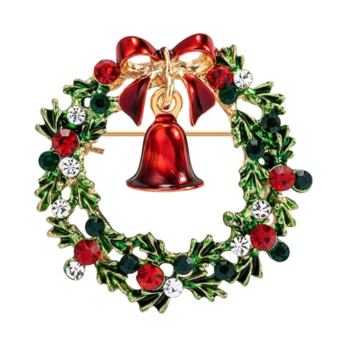 SELOVO Gold Tone Wreath Green Red Austrian Crystal Round Brooch Pin Enamel Bell
