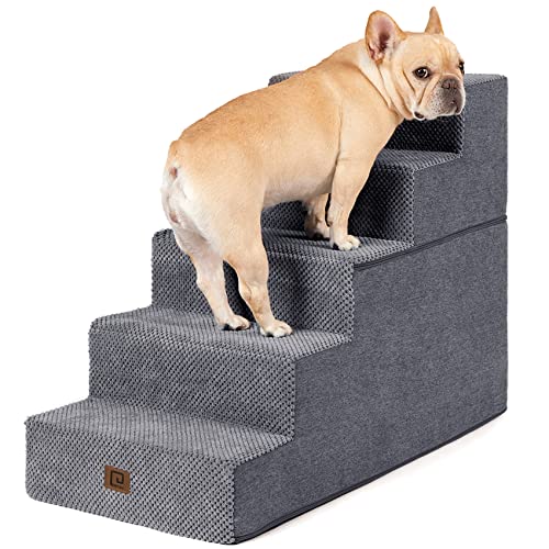 EHEYCIGA Dog Stairs for High Bed 22.5”H, 5-Step Dog Steps for Bed, Pet Steps for Small Dogs and Cats, Non-Slip Balanced Dog Indoor Ramp, Grey