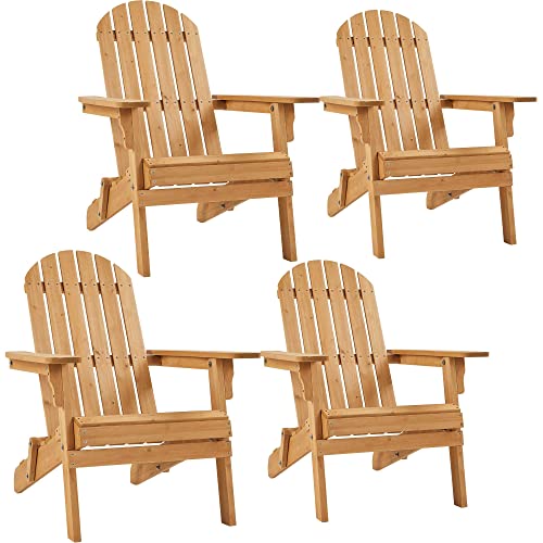 Yaheetech Folding Adirondack Chair Set of 4 Outdoor, 300LBS Solid Wood Garden Chair Weather Resistant, Fire Pit Lounge Chairs for Garden/Yard/Patio/Lawn, Natural Wood