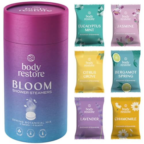 Body Restore Shower Steamers Aromatherapy 6 Packs - Mothers Day Gifts, Relaxation Birthday Gifts for Women and Men, Stress Relief and Effortless Self Care, Bloom Variety Scent Shower Bath Bombs