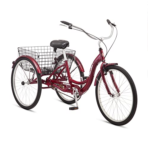 Schwinn Meridian Adult Tricycle Bike, Mens and Womens Three Wheel Beach Cruiser, 26-Inch Wheels, Low Step-Through Frame, Wide Seat, Rear Folding Basket, Single-Speed, Black Cherry