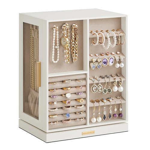 SONGMICS Jewelry Box 360° Rotating, Jewelry Storage Case with 5 Drawers, Jewelry Organizer, Glass Window, Spacious, Vertical Jewelry Storage, Open Design, Great Gift, Cloud White UJBC170W01