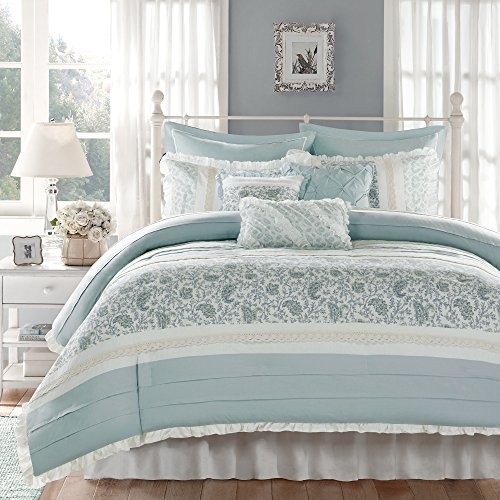 Madison Park Dawn 100% Cotton Shabby Chic Comforter Set-Modern Cottage Design All Season Down Alternative Bedding, Matching Shams, Bedskirt, Decorative Pillows, King(104'x92'), Blue 9 Piece,Aqua