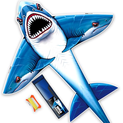 SGftre Three Headed Shark Kite for Kids and Adults,Kites for Kids Ages 8-12 Easy to Fly,Single Line Beach and Park Kite for Family Outdoor Games & Activities (Three-Headed Shark)…