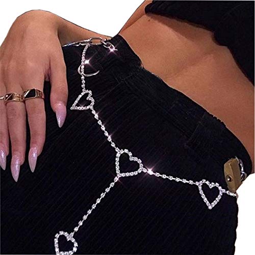 Rhinestone Body Chains Belt Crystal Waist Chains Heart Pendant Summer Beach Body Jewelry Festival Belt Belly Jewelry for Women and Girls