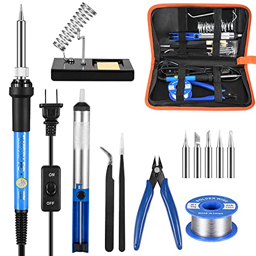 Soldering Iron Kit Electronics, 60W Soldering Welding Iron Tools with ON-Off Switch, 5pcs Soldering Iron Tips, Solder Sucker, Soldering Iron Stand, Tweezers, Solder Wire, Wire Cutter, PU Carry Bag