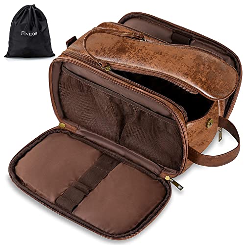 Elviros Toiletry Bag for Men, Large Travel Shaving Dopp Kit Water-resistant Bathroom Toiletries Organizer PU Leather Cosmetic Bags