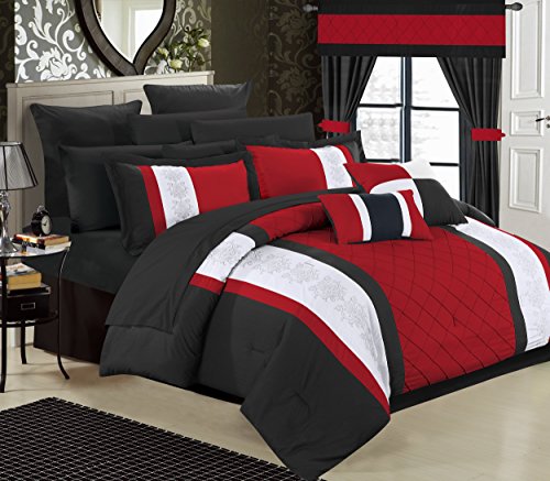 Chic Home Danielle Complete Pintuck Embroidery Color Block, Sheets, Window Panel Collection Bed in a Bag Comforter Set, Queen, Red