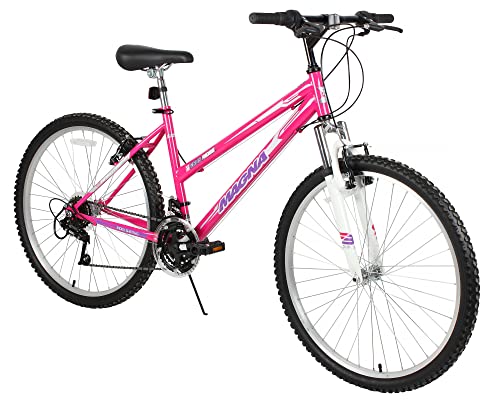 Dynacraft Hardtail Echo Ridge Mountain Bike Womens 26 Inch Wheels with 18 Speed Grip Shifters and Dual Hand Brakes In Pink