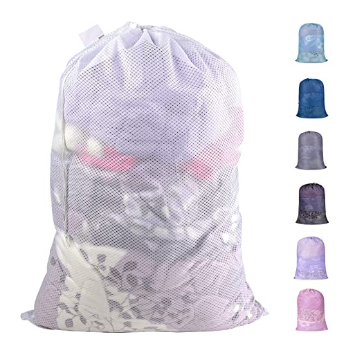 Polecasa Heavy Duty Large Mesh Laundry Bag with Drawstring Closure and ID Tag, Durable Laundry Bag with 100g Diamond Mesh (24'x 36'| 1 Pack) - White