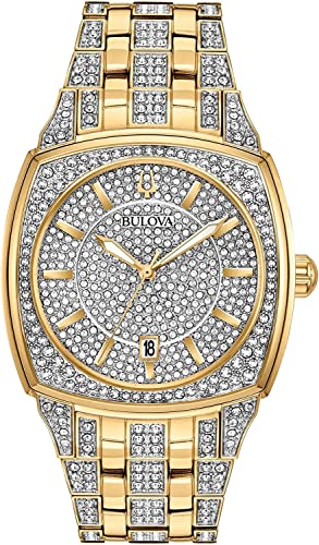 Bulova Men's Crystals Phantom Gold Tone Stainless Steel 3-Hand Quartz Watch, Cushion Shape Dial and Curved Mineral Crystal Style: 98B323