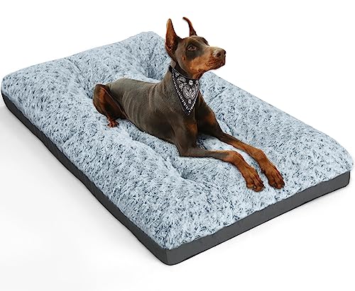 POCBLUE Deluxe Washable Dog Bed for Large Dogs Dog Crate Mat 36 Inch Comfy Fluffy Kennel Pad Anti-Slip for Dogs Up to 70 lbs, 36' x 23', Grey