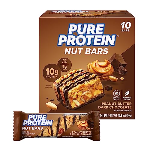 Pure Protein Nut Bars, Peanut Butter Dark Chocolate, 10g Protein, Gluten Free, Low Sugar, 1.65 oz, 10 Pack (Packaging may vary)